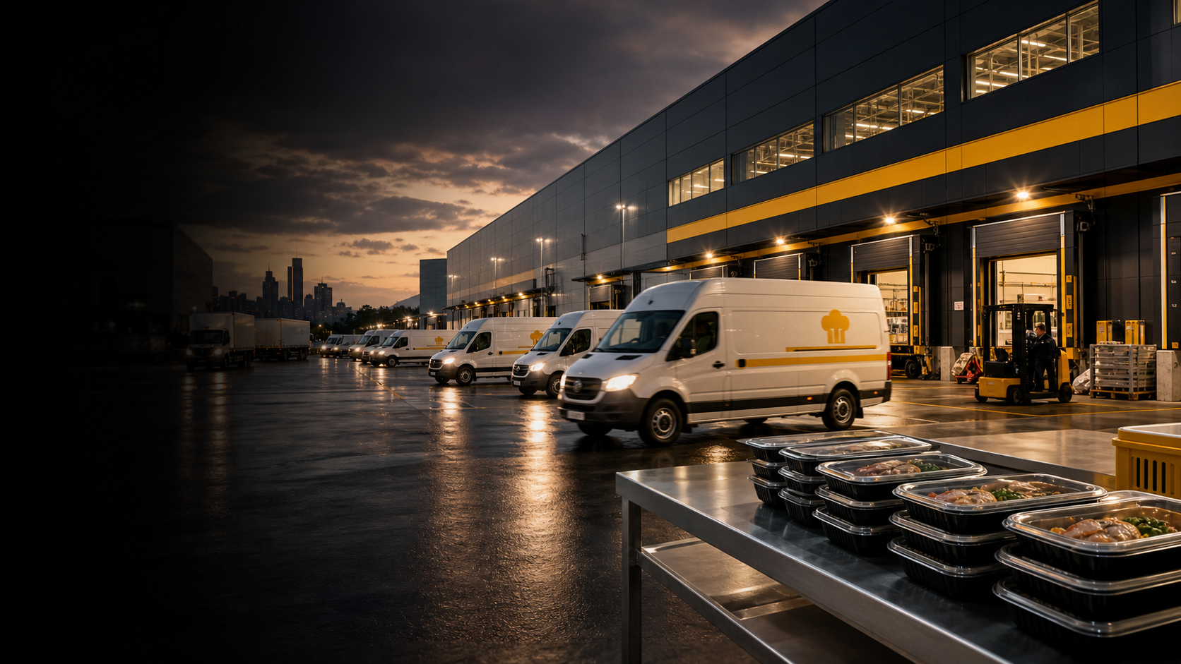Cinematic food logistics facility with delivery fleet and fulfillment operations
