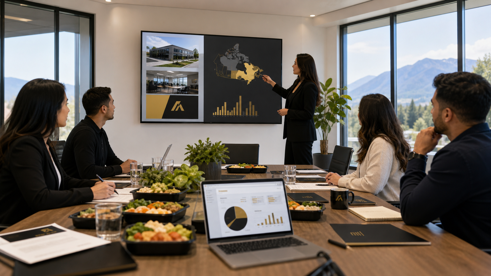 All Your Meals Canadian operations planning in a modern office with prepared meals, analytics, and British Columbia market materials