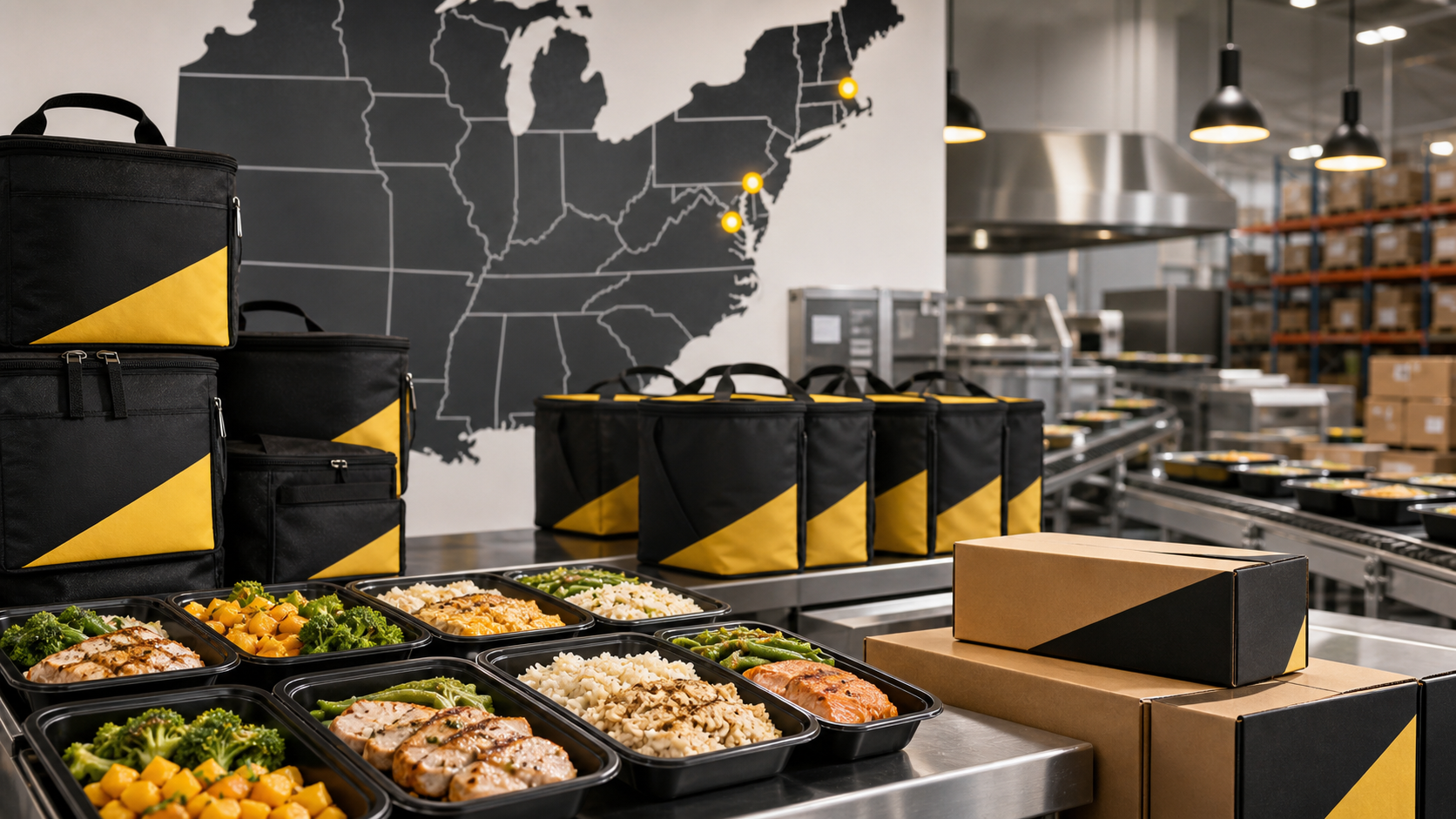 Chef-prepared meals, delivery bags, shipping boxes, and an East Coast market map inside a production and fulfillment facility