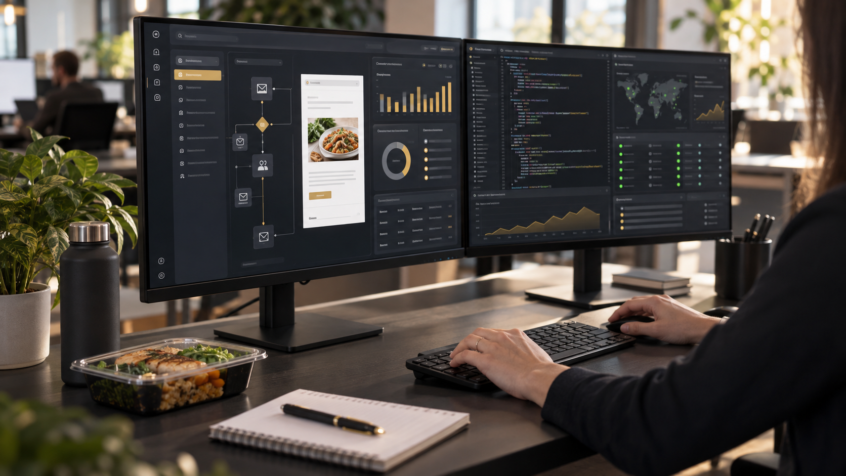 All Your Meals in-house email communication platform, code, and performance analytics in a modern office workspace