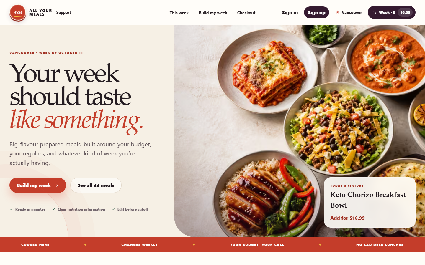 Screenshot of the new All Your Meals customer website showing meal ordering and prepared meals