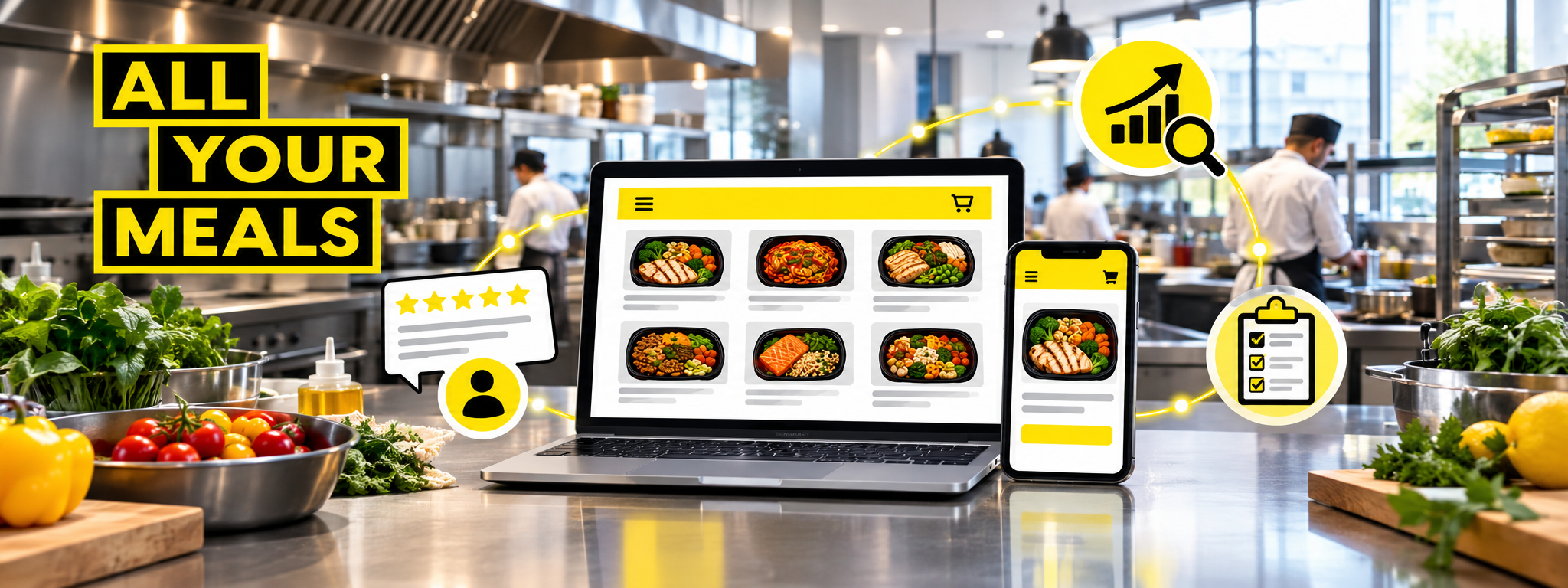 Illustration of the All Your Meals ordering platform and customer feedback in a kitchen setting