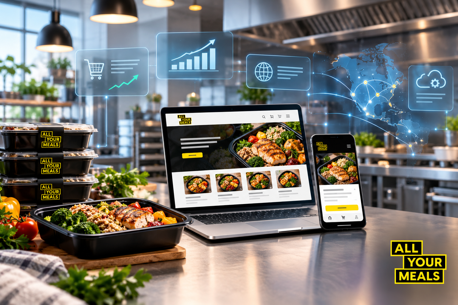 All Your Meals prepared meals and digital ordering platforms illustrated in a commercial kitchen