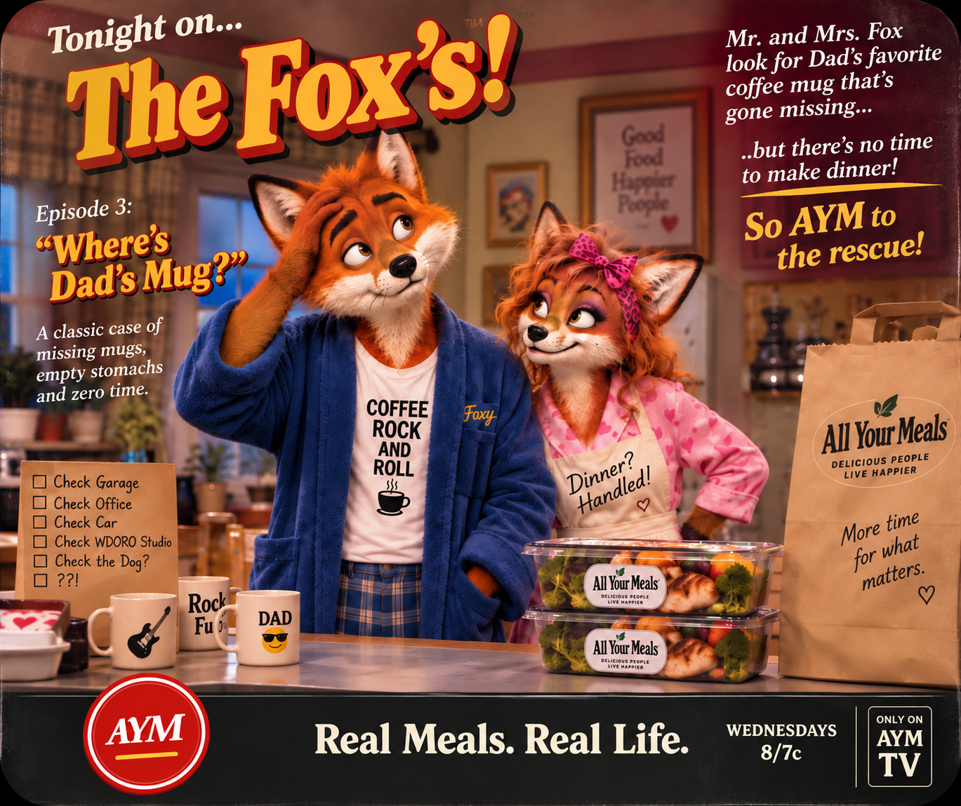 The Fox's promotional artwork featuring Dad Fox and Mom Fox with All Your Meals
