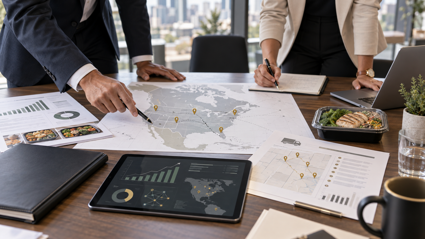 All Your Meals executives planning North American market expansion with operational analytics and prepared meals
