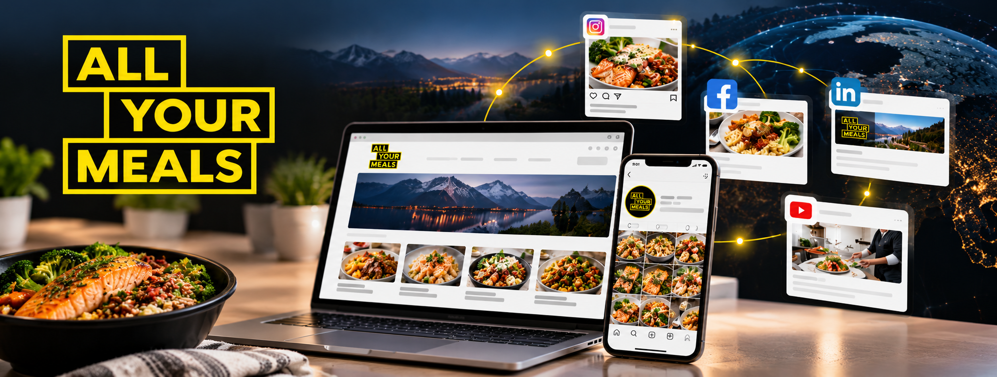 All Your Meals website and social media channels shown alongside prepared meals